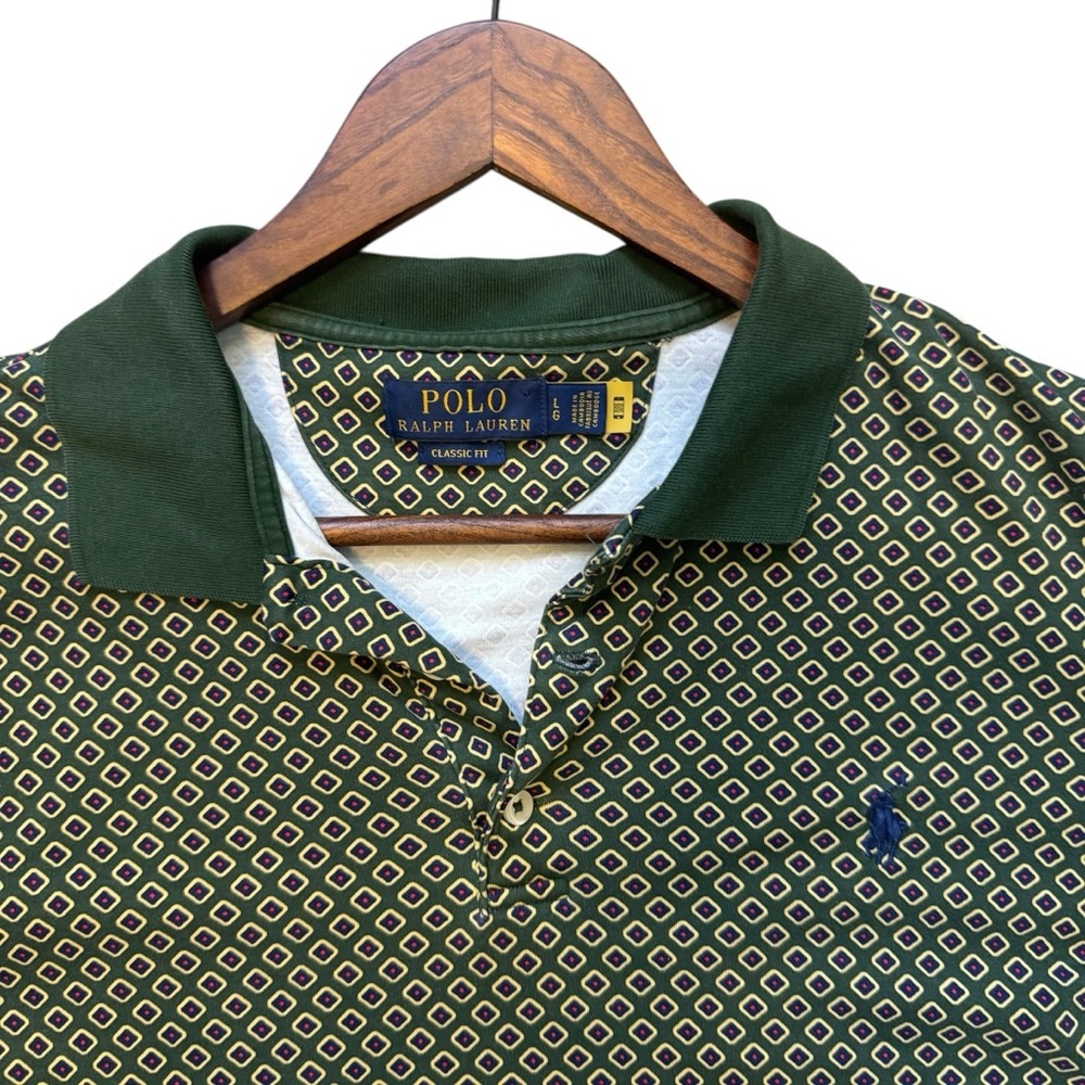 Men's Green Patterned Golf Polo Shirt Size Large